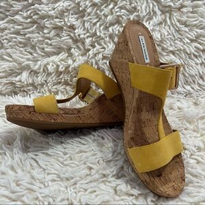 Alex Marie Yellow wedge slip on sandals with cork soles size 7.5M NWOT